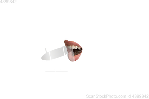 Image of Close-up view of female mouth wearing lipstick isolated on white studio background