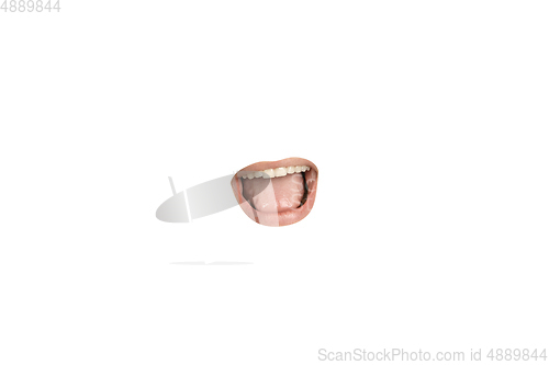 Image of Close-up view of female mouth wearing red lipstick isolated on white studio background