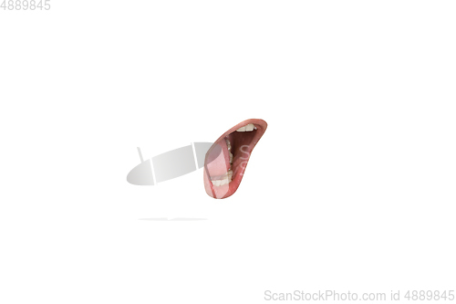 Image of Close-up view of female mouth wearing lipstick isolated on white studio background