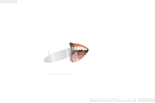 Image of Close-up view of female mouth wearing lipstick isolated on white studio background