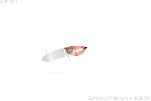 Image of Close-up view of female mouth wearing red lipstick isolated on white studio background