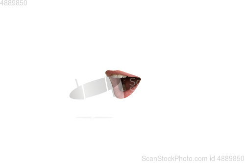 Image of Close-up view of female mouth wearing lipstick isolated on white studio background