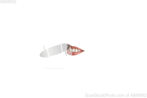 Image of Close-up view of female mouth wearing lipstick isolated on white studio background