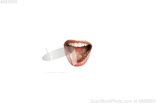 Image of Close-up view of female mouth wearing red lipstick isolated on white studio background