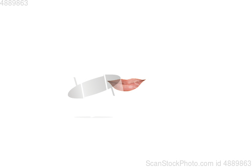 Image of Close-up view of female mouth wearing red lipstick isolated on white studio background