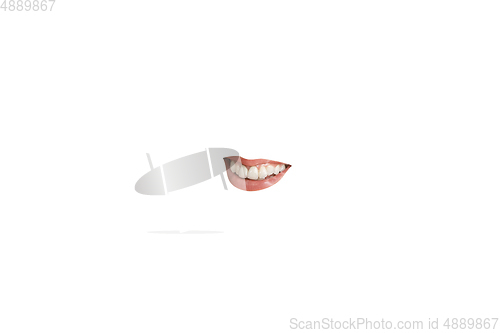 Image of Close-up view of female mouth wearing red lipstick isolated on white studio background