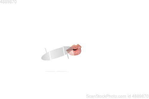 Image of Close-up view of female mouth wearing lipstick isolated on white studio background