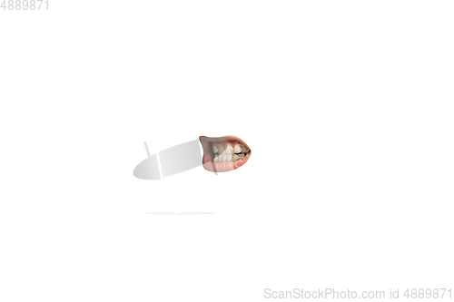 Image of Close-up view of female mouth wearing lipstick isolated on white studio background