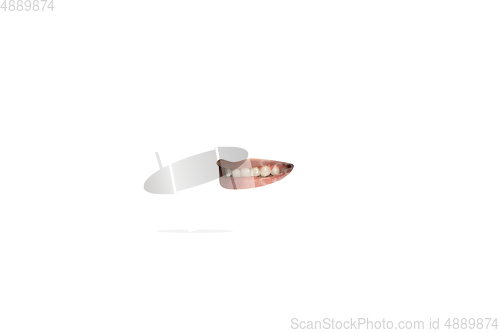 Image of Close-up view of female mouth wearing lipstick isolated on white studio background