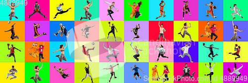 Image of Collage of portraits of young jumping people on multicolored background in motion and action