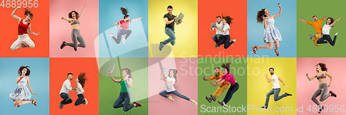 Image of Collage of portraits of young jumping people on multicolored background in motion and action