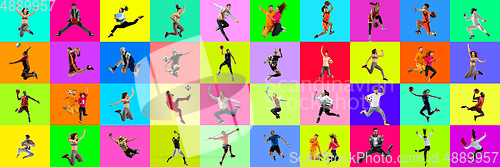 Image of Collage of portraits of young jumping people on multicolored background in motion and action