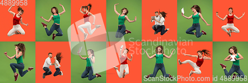 Image of Collage of portraits of young jumping people on multicolored background in motion and action