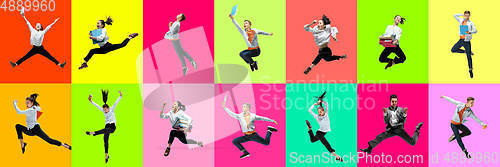 Image of Collage of portraits of young jumping people on multicolored background in motion and action