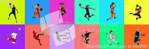 Image of Collage of portraits of young jumping people on multicolored background in motion and action