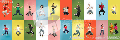 Image of Collage of portraits of young jumping people on multicolored background in motion and action