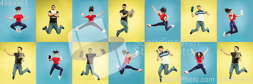 Image of Collage of portraits of young jumping people on multicolored background in motion and action