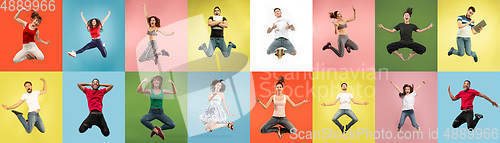 Image of Collage of portraits of young jumping people on multicolored background in motion and action