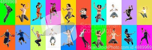 Image of Collage of portraits of young jumping people on multicolored background in motion and action