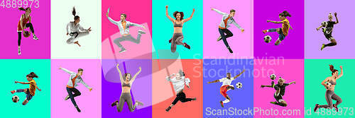 Image of Collage of portraits of young jumping people on multicolored background in motion and action