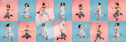 Image of Collage of portraits of young jumping woman on multicolored background in motion and action