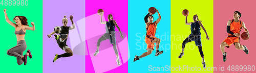 Image of Collage of portraits of young jumping people on multicolored background in motion and action