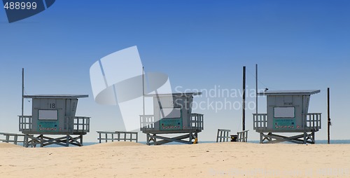 Image of Three lifeguard shacks on Venice Beach, California