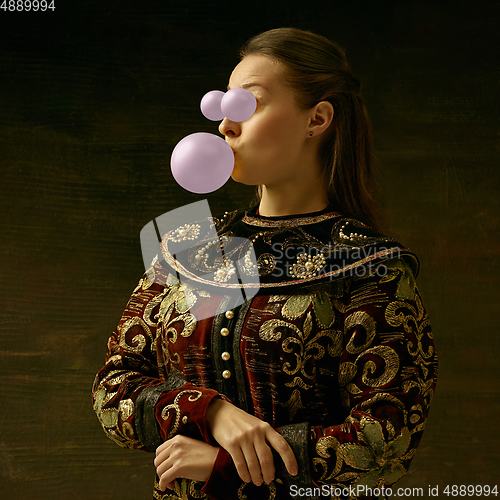 Image of Medieval young woman as a duchess, surreal look with mouth instead eyes