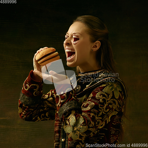 Image of Medieval young woman as a duchess, surreal look with mouth instead eyes