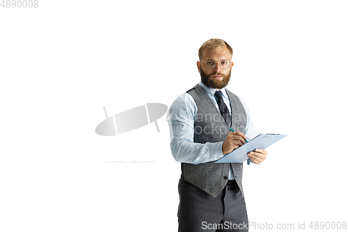 Image of Cheerful handsome businessman isolated over white studio background