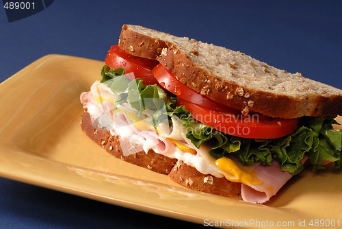 Image of Ham, cheese, lettuce and tomato sandwich on yellow plate