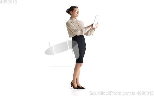 Image of Beautiful business woman, secretary, manager isolated on white studio background.