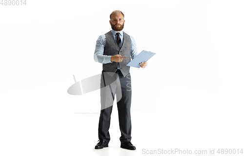 Image of Cheerful handsome businessman isolated over white studio background