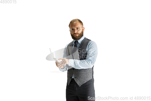 Image of Cheerful handsome businessman isolated over white studio background