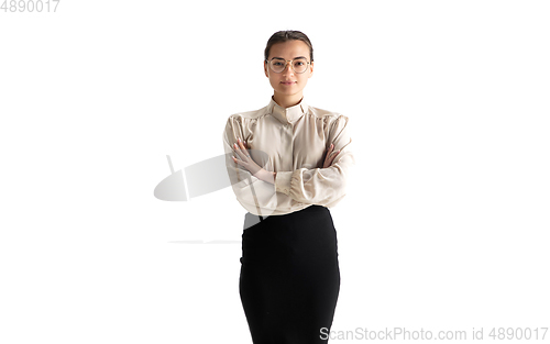 Image of Beautiful business woman, secretary, manager isolated on white studio background.