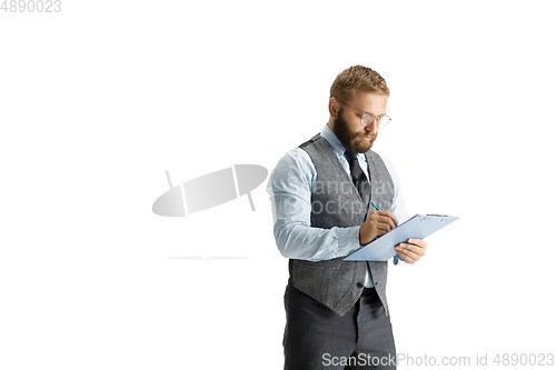 Image of Cheerful handsome businessman isolated over white studio background