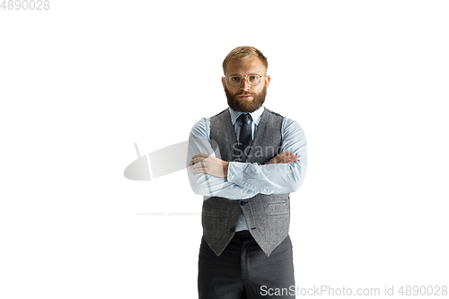 Image of Cheerful handsome businessman isolated over white studio background