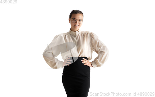 Image of Beautiful business woman, secretary, manager isolated on white studio background.