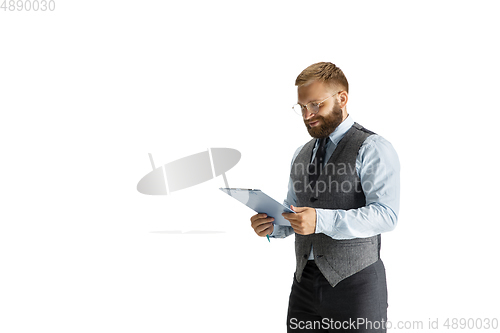 Image of Cheerful handsome businessman isolated over white studio background