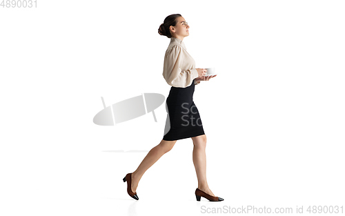 Image of Beautiful business woman, secretary, manager isolated on white studio background.