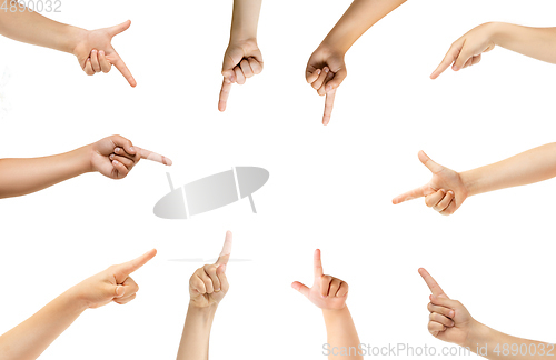 Image of Kids hands gesturing isolated on white studio background, copyspace for ad