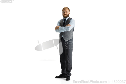 Image of Cheerful handsome businessman isolated over white studio background