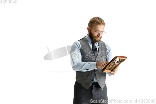 Image of Cheerful handsome businessman isolated over white studio background