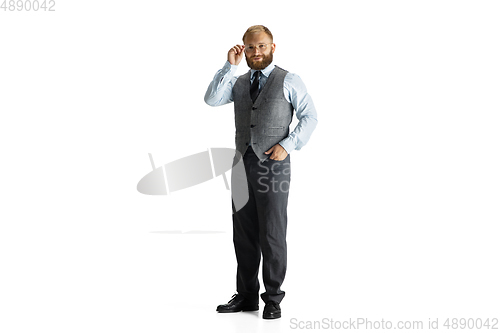 Image of Cheerful handsome businessman isolated over white studio background