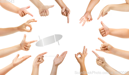 Image of Kids hands gesturing isolated on white studio background, copyspace for ad