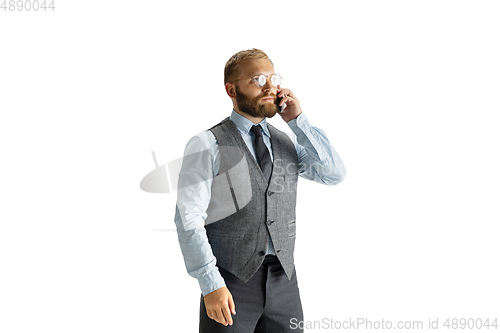 Image of Cheerful handsome businessman isolated over white studio background