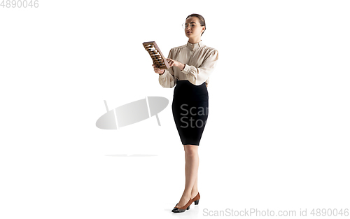 Image of Beautiful business woman, secretary, manager isolated on white studio background.