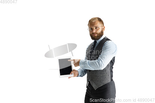 Image of Cheerful handsome businessman isolated over white studio background