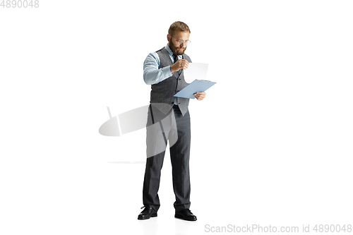 Image of Cheerful handsome businessman isolated over white studio background