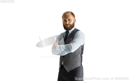 Image of Cheerful handsome businessman isolated over white studio background